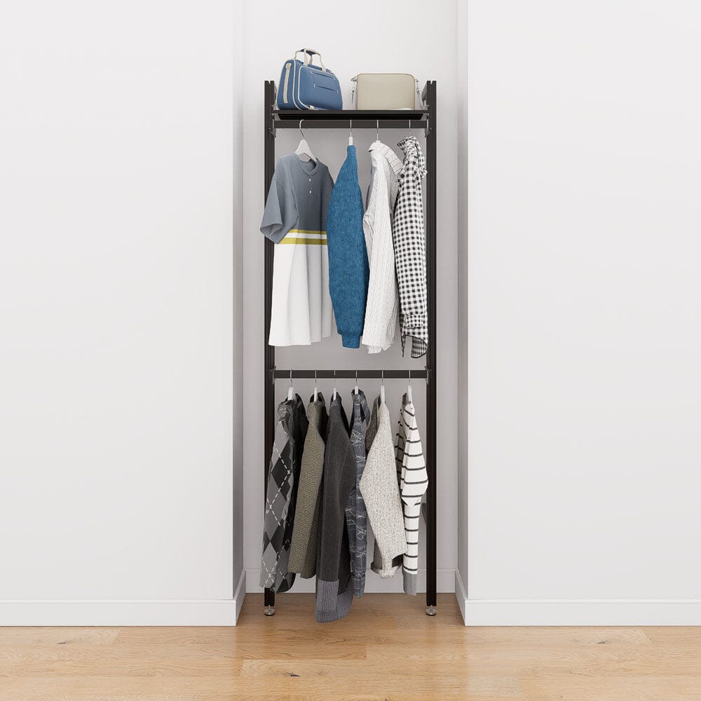 Modular shelving unit with storage with satin shelves and satin vertical posts.