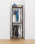 Closet storage system, plus hanger bars, shown with open shelving and one open shelf level.