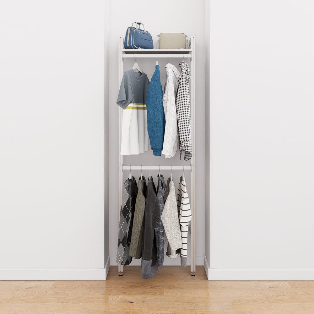Modular shelving unit with storage with white shelves and white vertical posts.