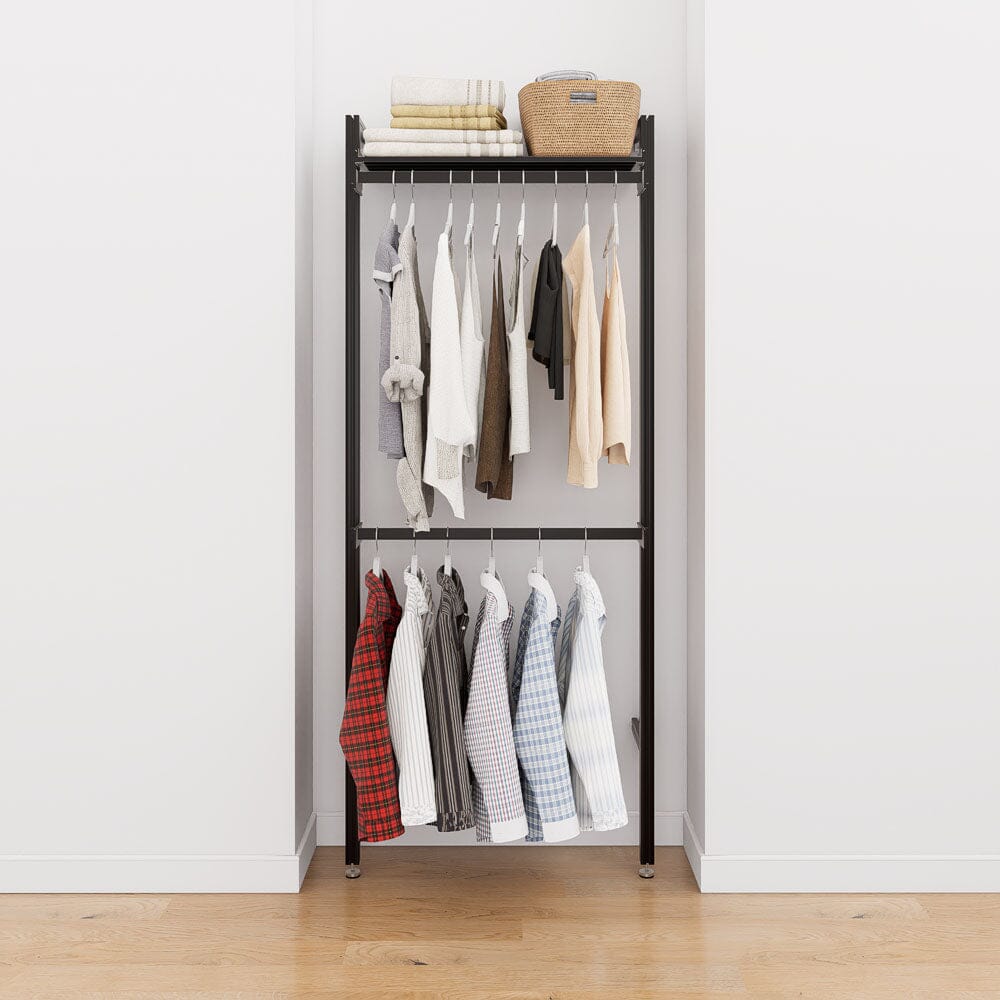 Closet storage system with black shelves and black vertical posts, plus hanger bars, shown with open shelving and one open shelf level.