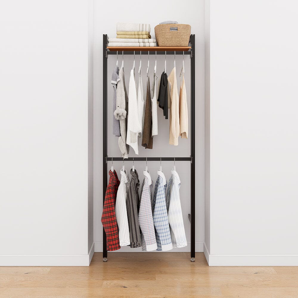Modular shelving unit with storage with satin shelves and satin vertical posts.