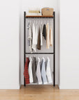 Closet storage system, plus hanger bars, shown with open shelving and one open shelf level.