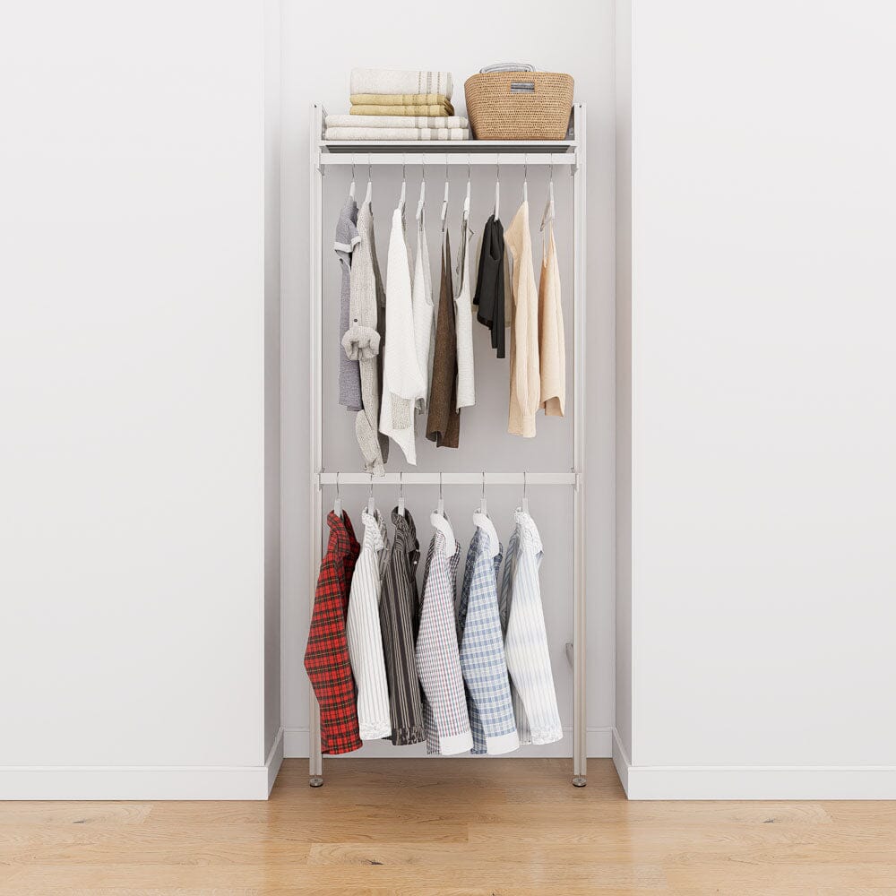 Modular shelving unit with storage with black shelves and black vertical posts.