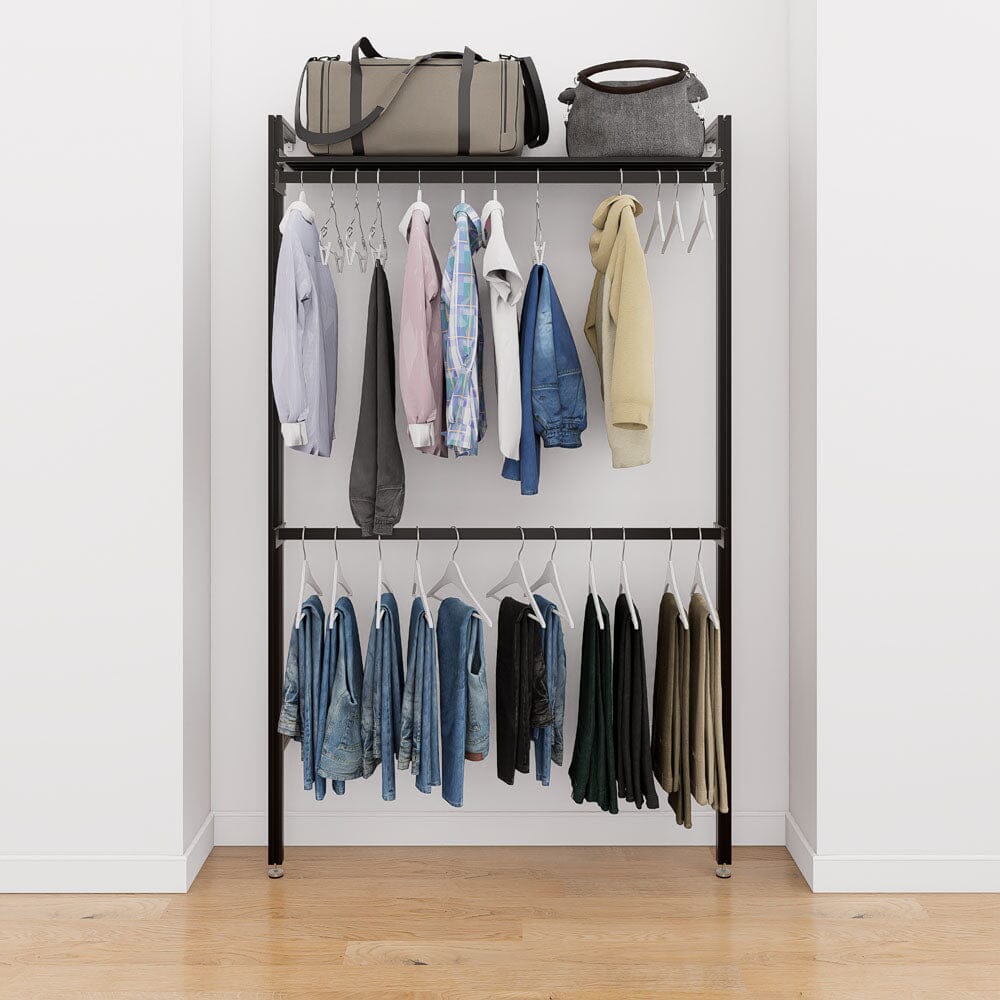 Modular shelving unit with storage with satin shelves and satin vertical posts.
