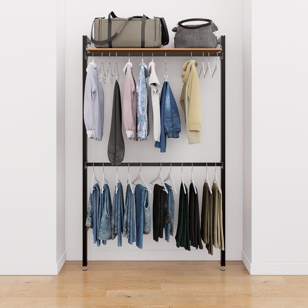 Modular shelving unit with storage with black shelves and black vertical posts.
