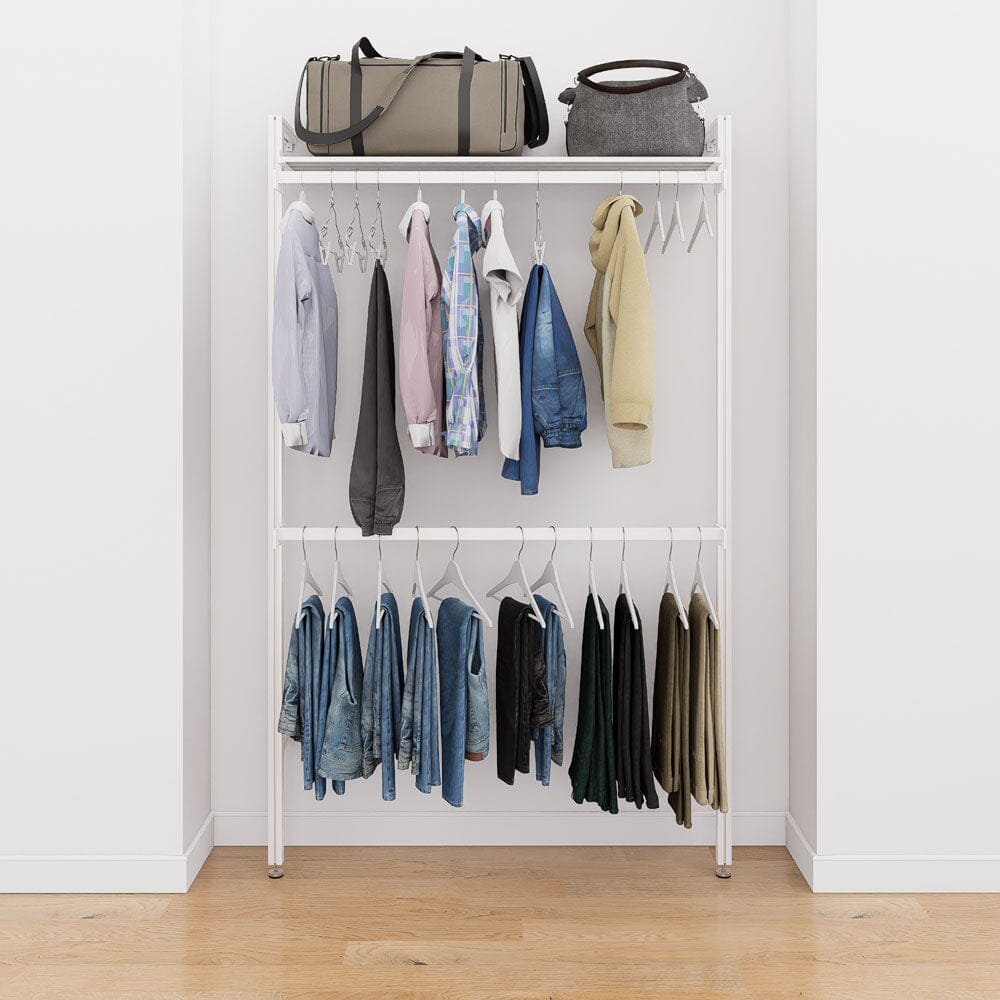 Modular shelving unit with storage with wood shelves and black vertical posts.
