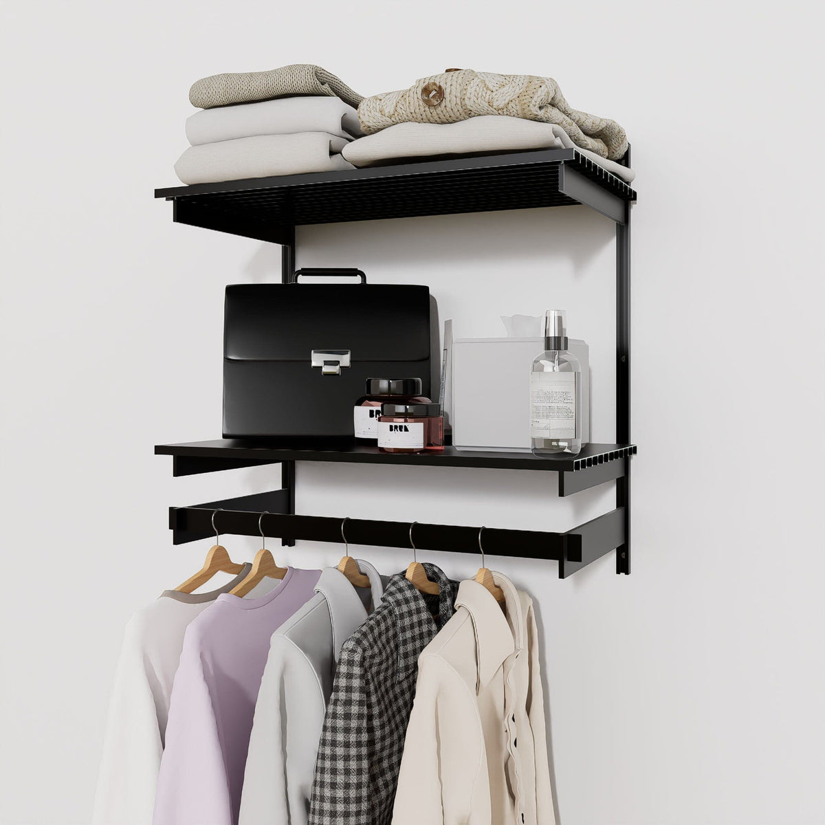 Modular shelving unit with storage with satin shelves and satin vertical posts.