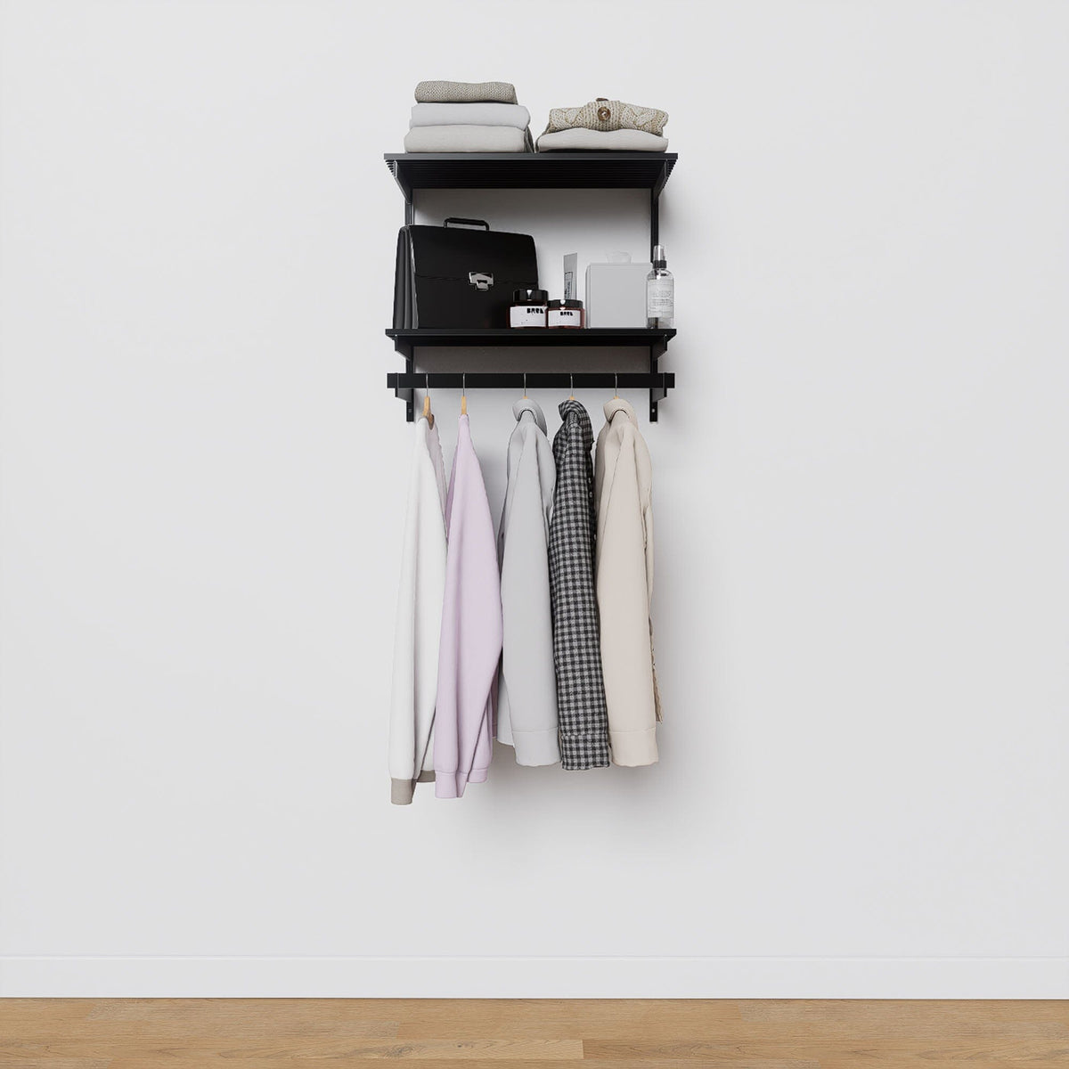 Modular shelving unit with storage with wood shelves and black vertical posts.