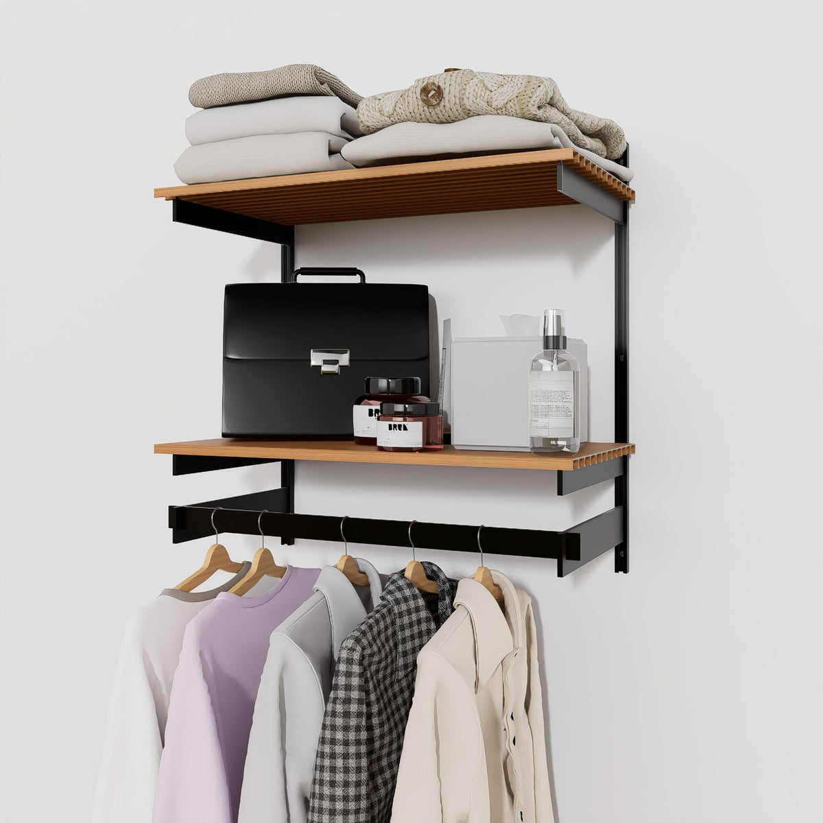 Closet storage system, plus hanger bars, shown with open shelving.