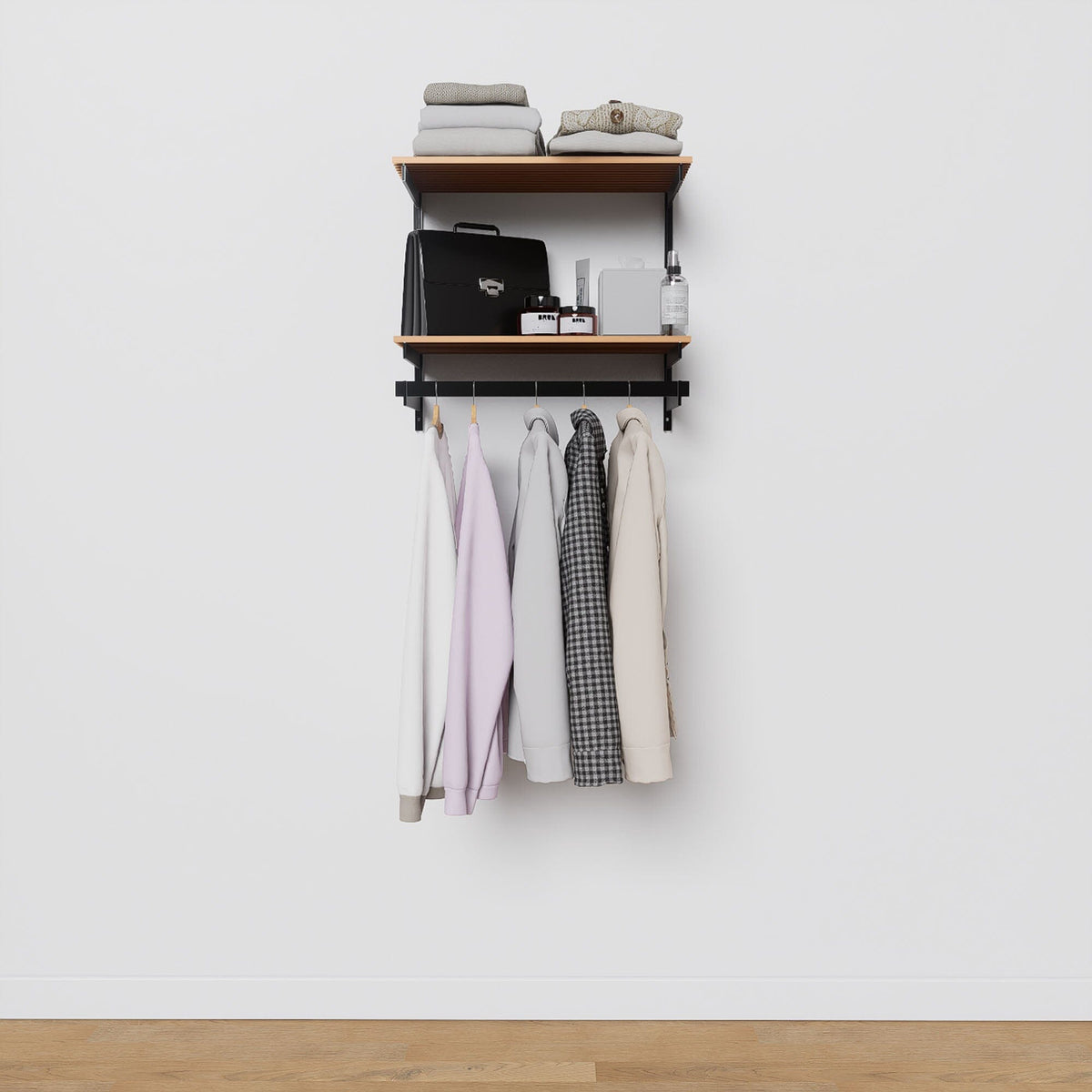 Closet storage system, plus hanger bars, shown with open shelving.