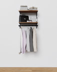 Closet storage system, plus hanger bars, shown with open shelving.