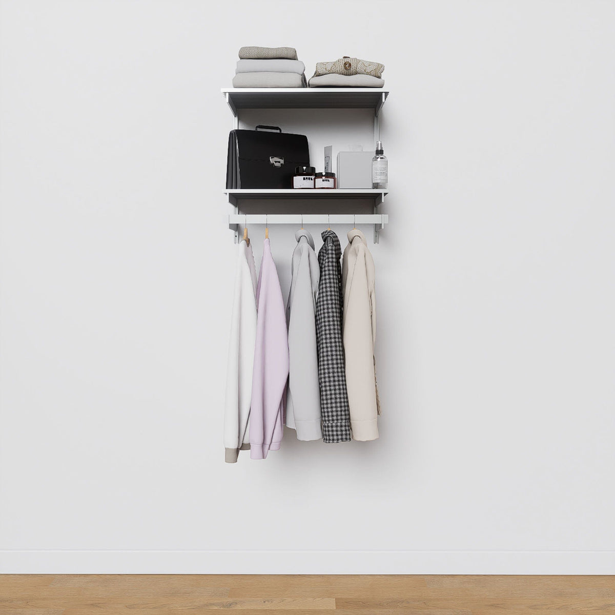 Closet storage system with satin shelves and satin vertical posts, plus hanger bars, shown with open shelving.