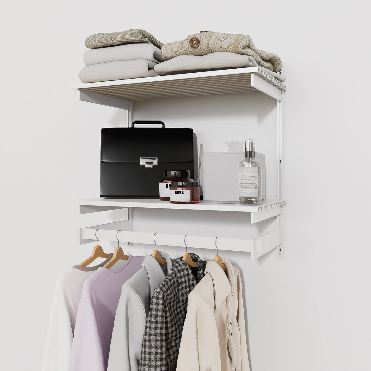 Closet storage system with white shelves and white vertical posts, plus hanger bars, shown with open shelving.