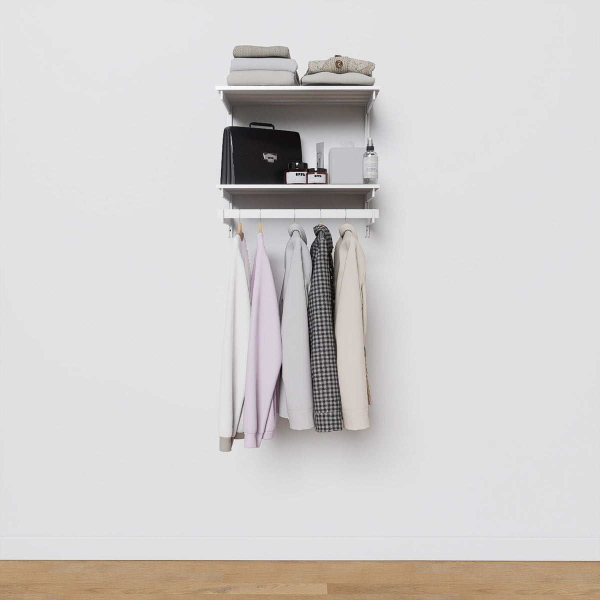 Closet storage system with white shelves and white vertical posts, plus hanger bars, shown with open shelving.