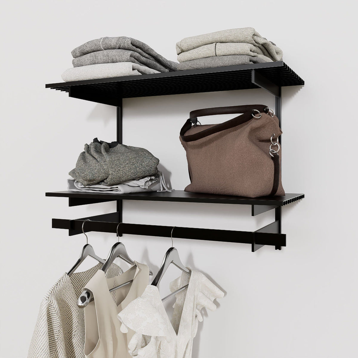Closet storage system with black shelves and black vertical posts, plus hanger bars, shown with open shelving.