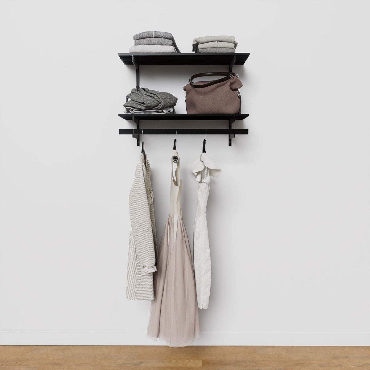 Closet storage system with black shelves and black vertical posts, plus hanger bars, shown with open shelving.