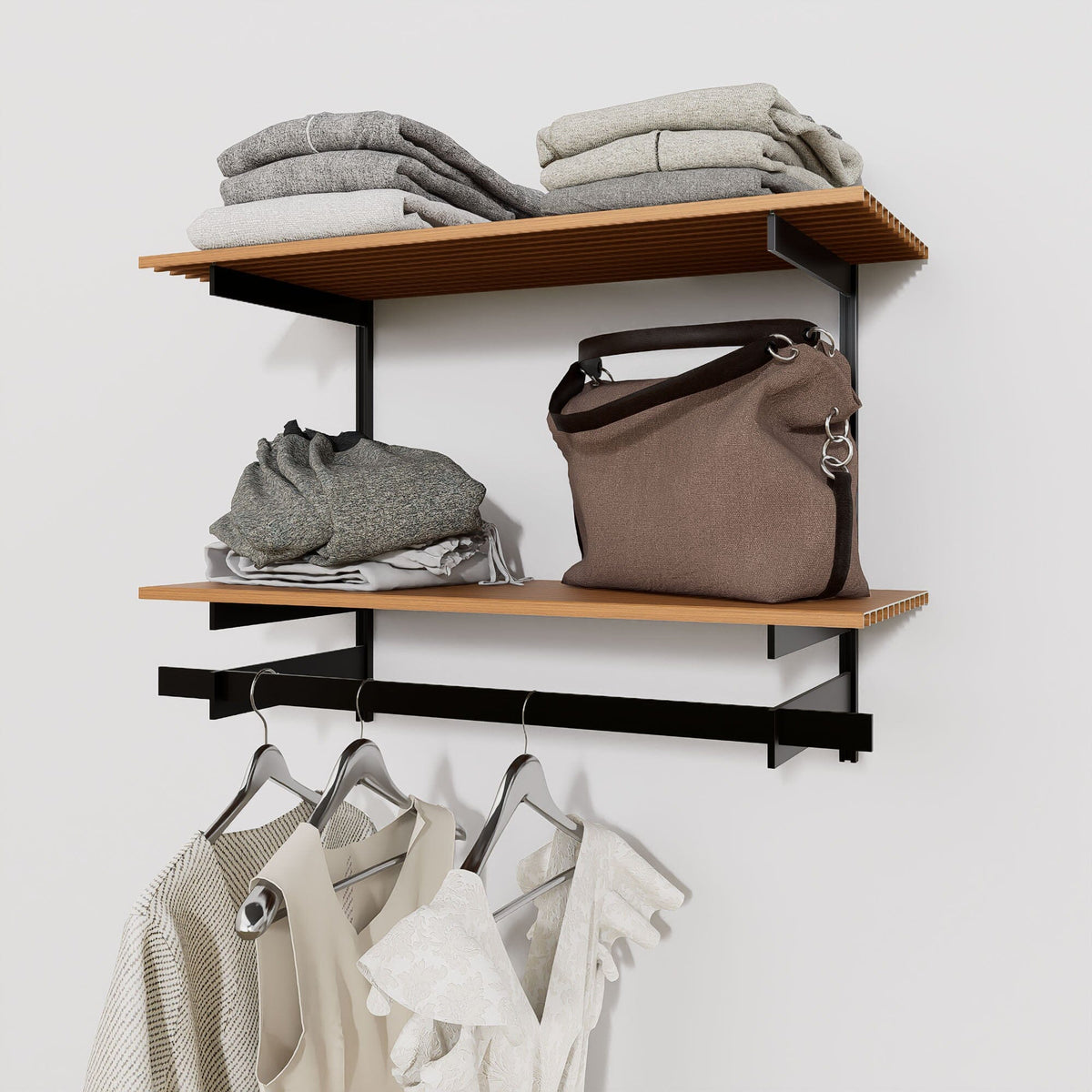 Closet storage system, plus hanger bars, shown with open shelving.