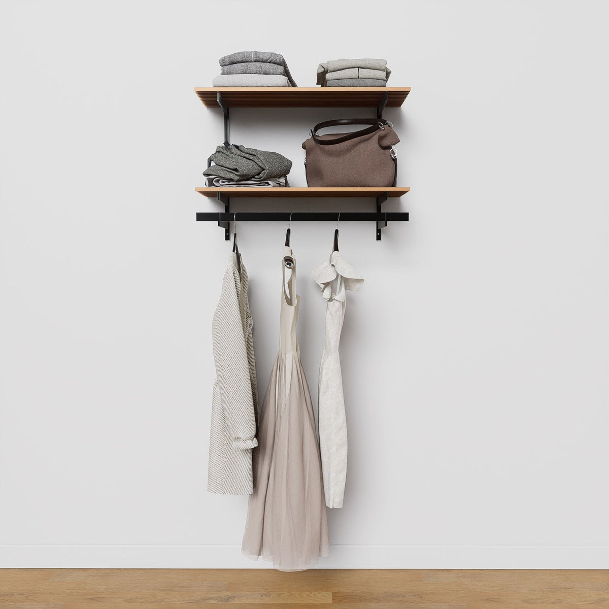 Closet storage system, plus hanger bars, shown with open shelving.