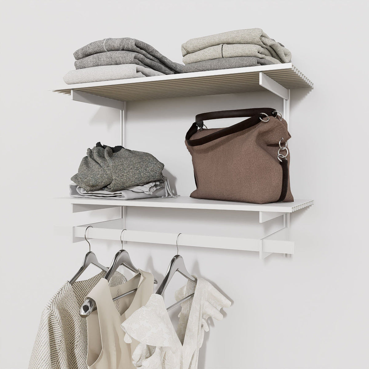 Closet storage system with white shelves and white vertical posts, plus hanger bars, shown with open shelving.