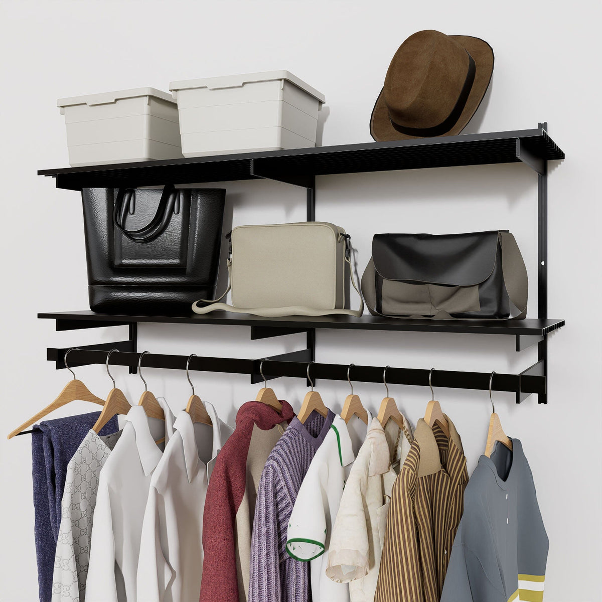 Modular shelving unit with storage with white shelves and white vertical posts.