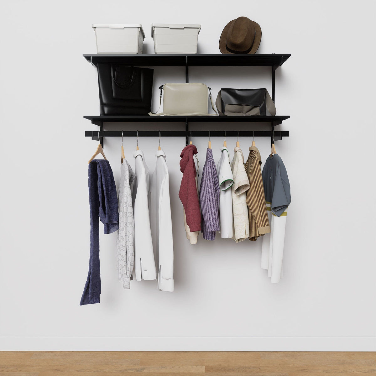 Modular shelving unit with storage with black shelves and black vertical posts.