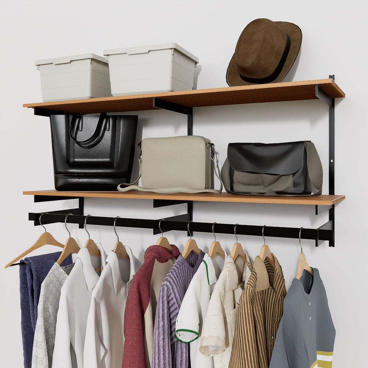 Modular shelving unit with storage with satin shelves and satin vertical posts.