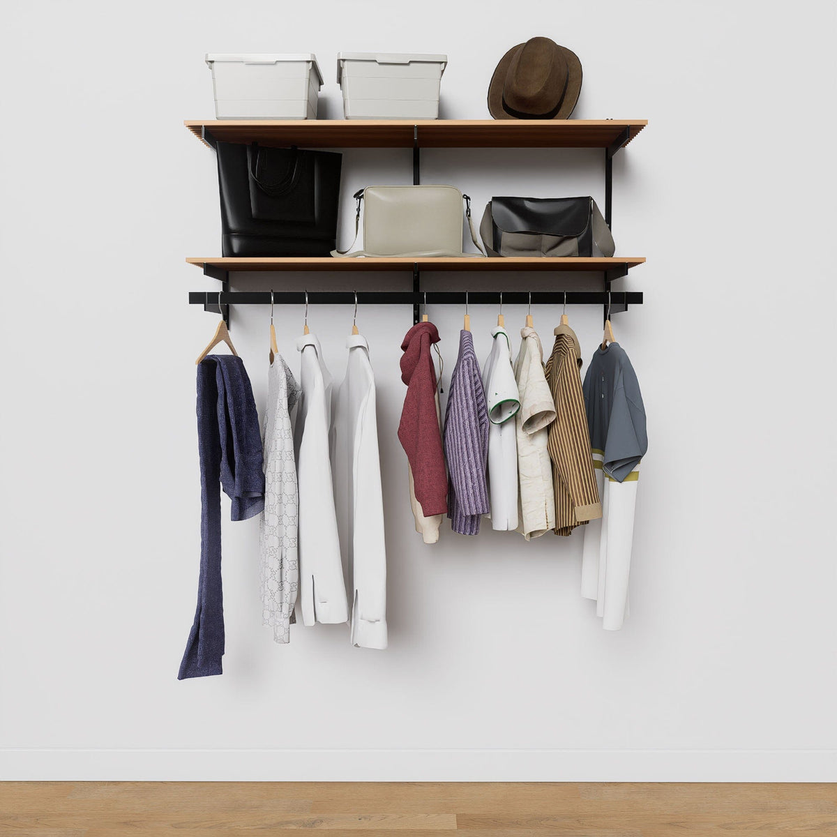 Modular shelving unit with storage with wood shelves and black vertical posts.