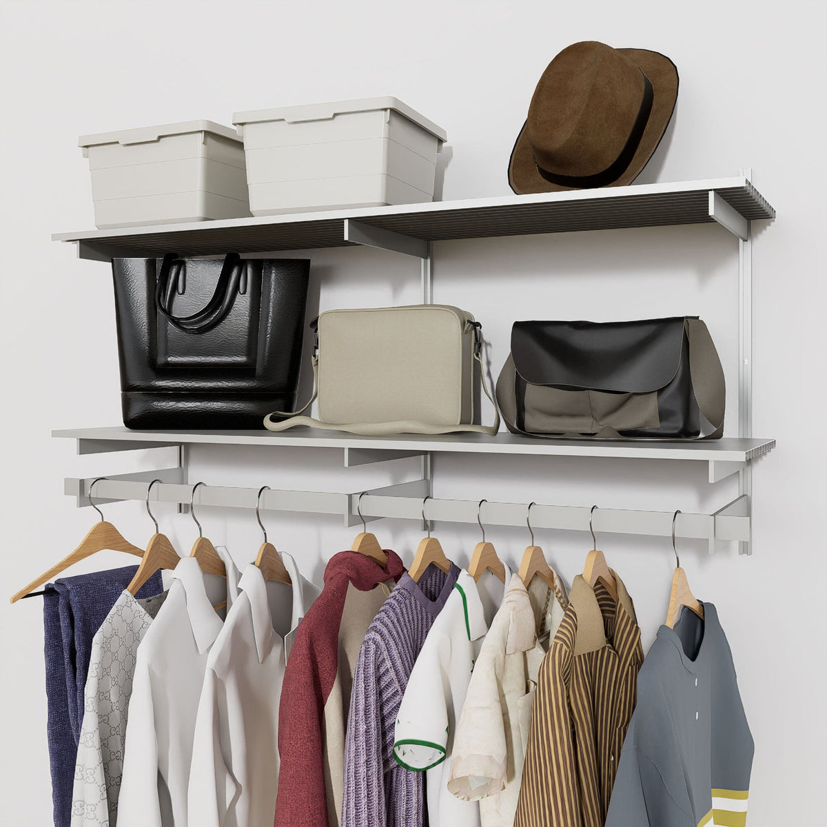 Modular shelving unit with storage with black shelves and black vertical posts.