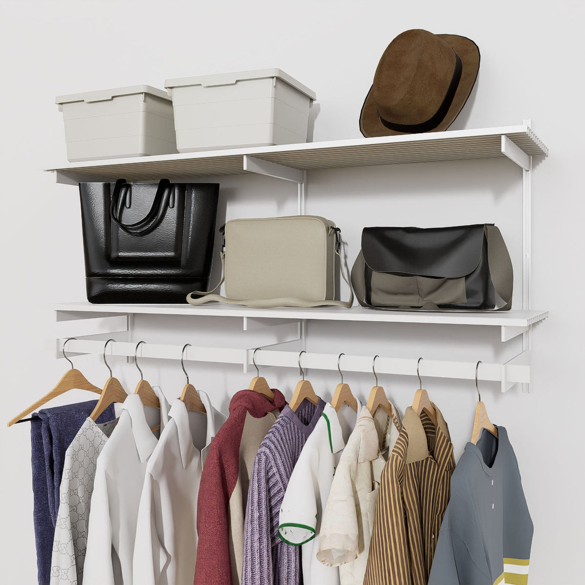 Modular shelving unit with storage with black shelves and black vertical posts.