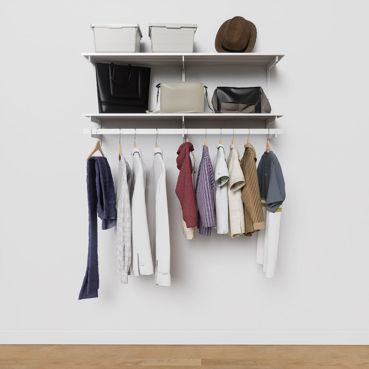 Modular shelving unit with storage with white shelves and white vertical posts.