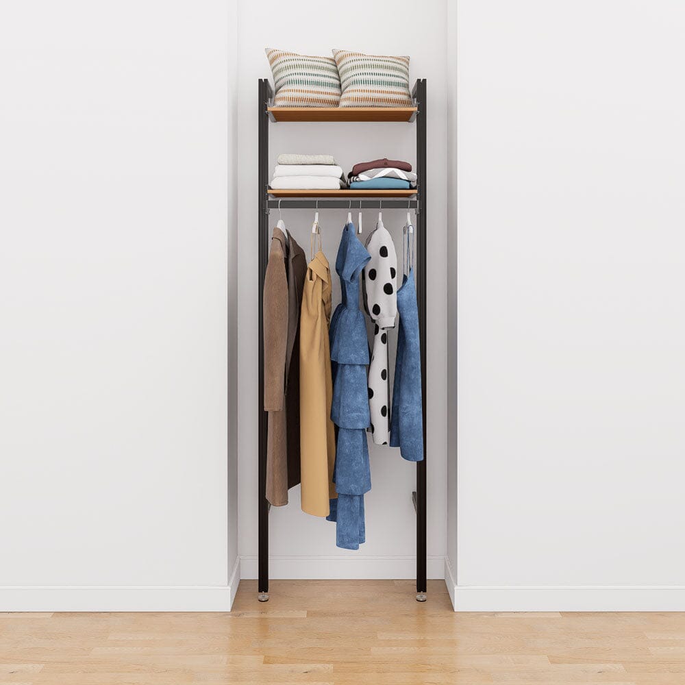 Modular shelving unit with storage with black shelves and black vertical posts.