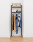 Closet storage system, plus hanger bars, shown with open shelving.