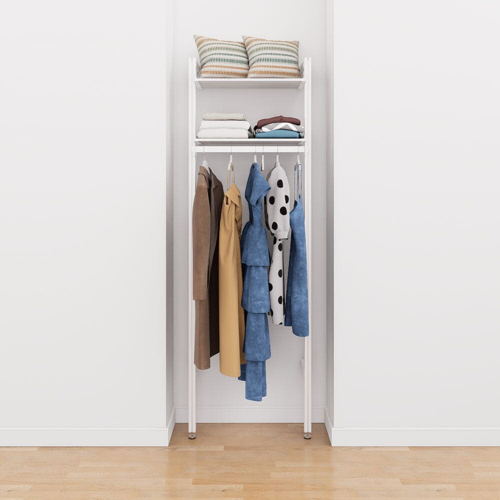 Modular shelving unit with storage with wood shelves and black vertical posts.