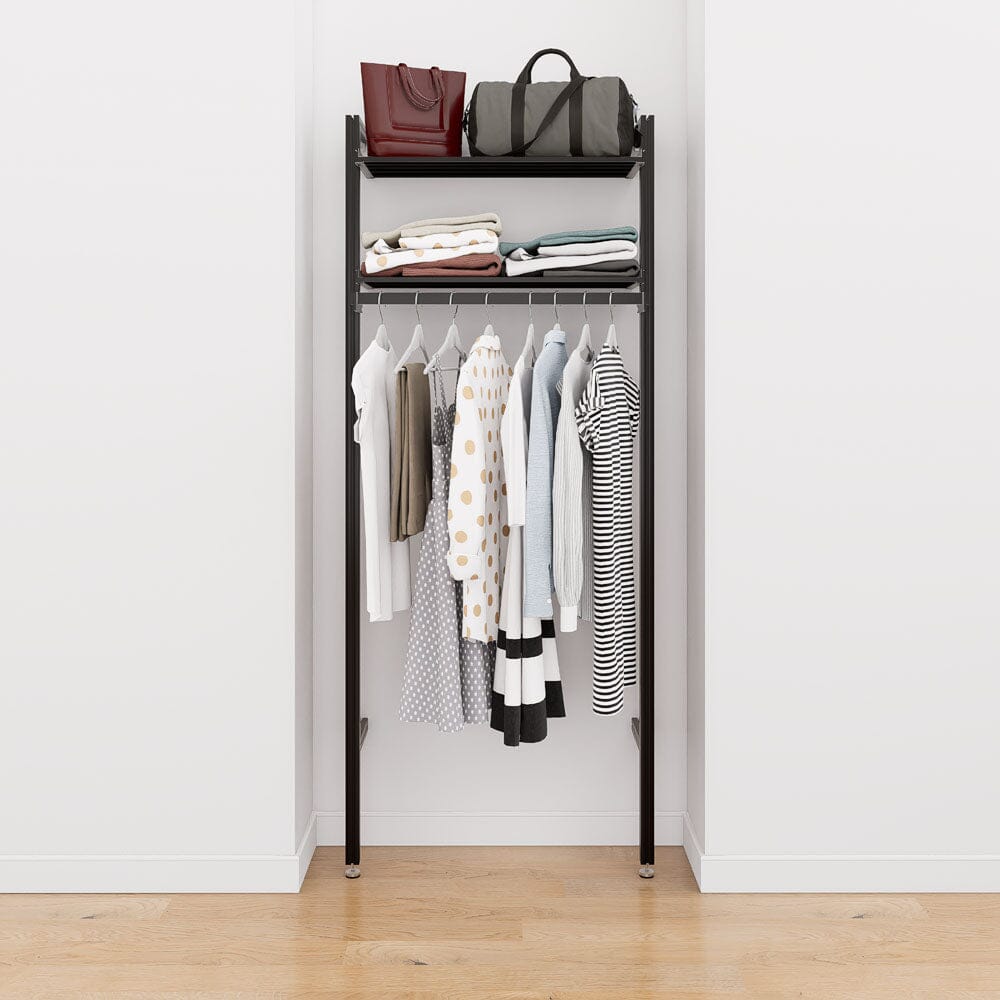 Closet storage system with black shelves and black vertical posts, plus hanger bars, shown with open shelving.