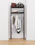 Closet storage system with black shelves and black vertical posts, plus hanger bars, shown with open shelving.