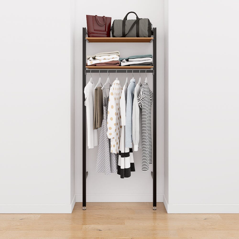 Closet storage system, plus hanger bars, shown with open shelving.