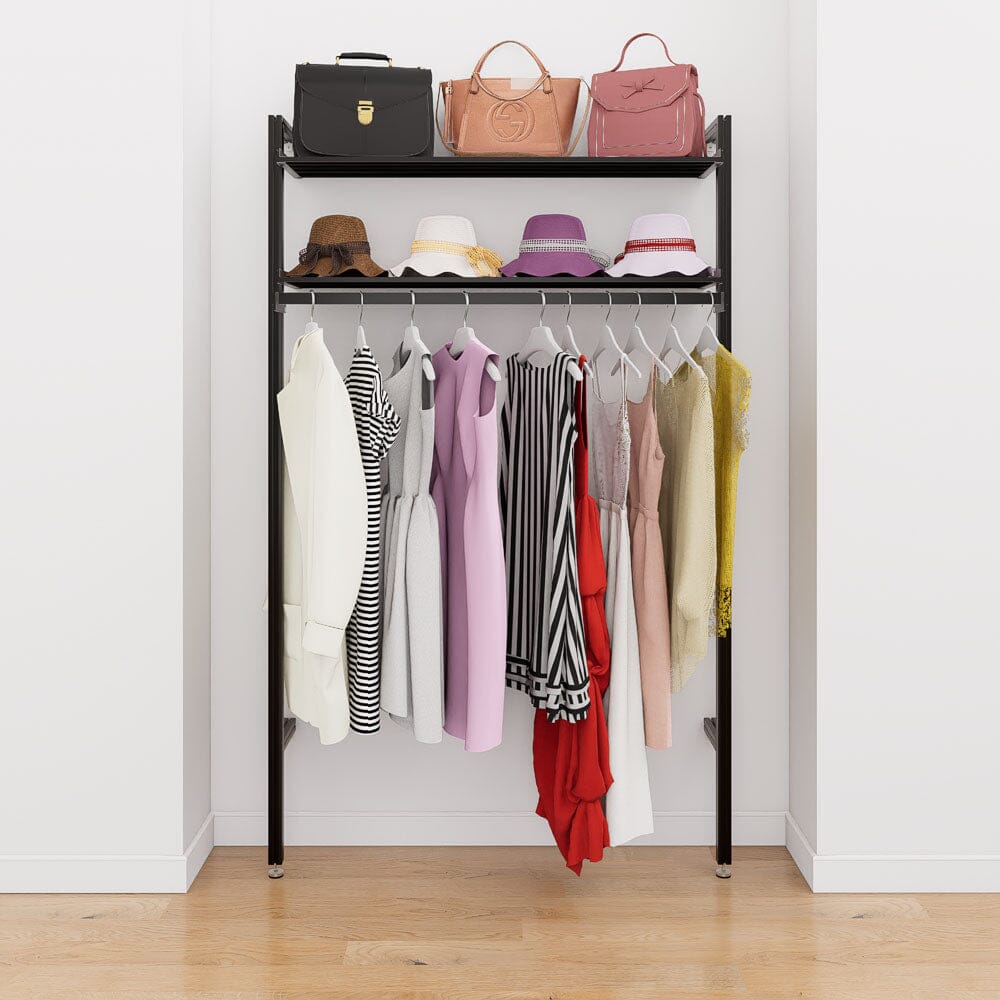 Modular shelving unit with storage with satin shelves and satin vertical posts.