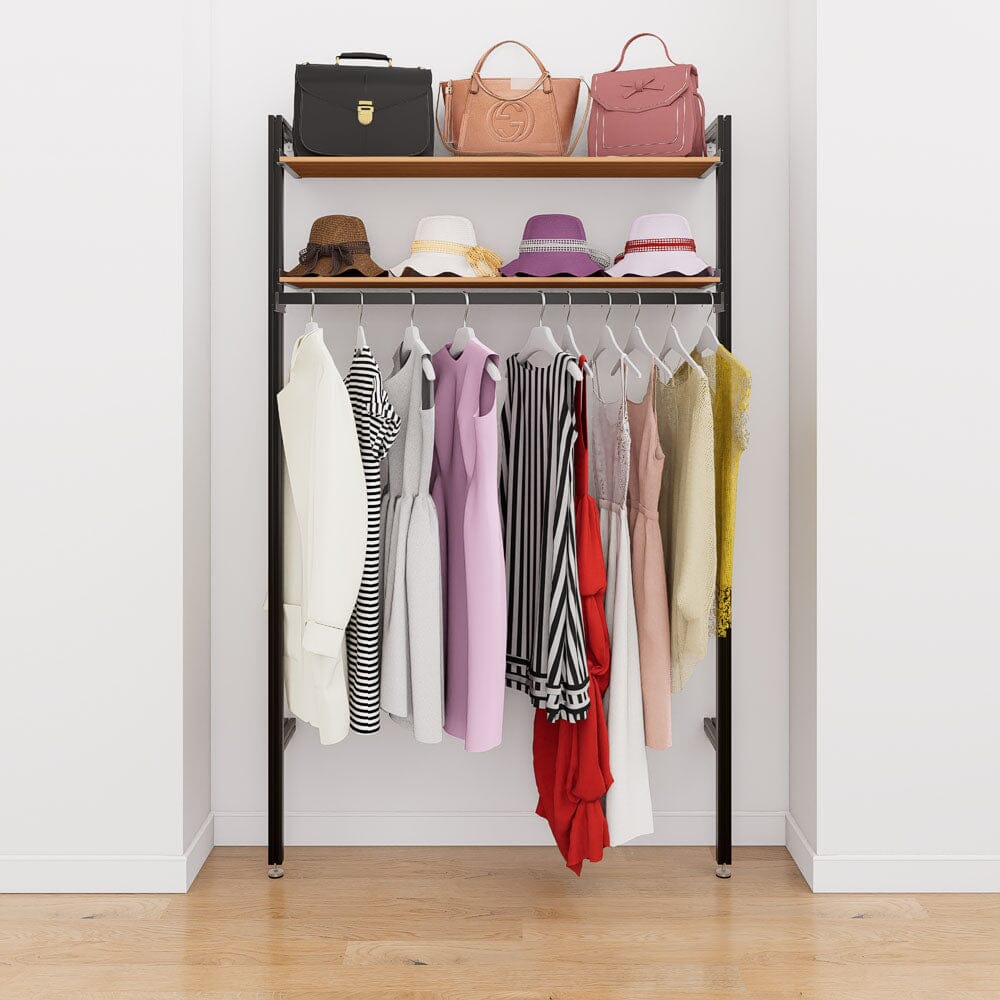 Modular shelving unit with storage with black shelves and black vertical posts.
