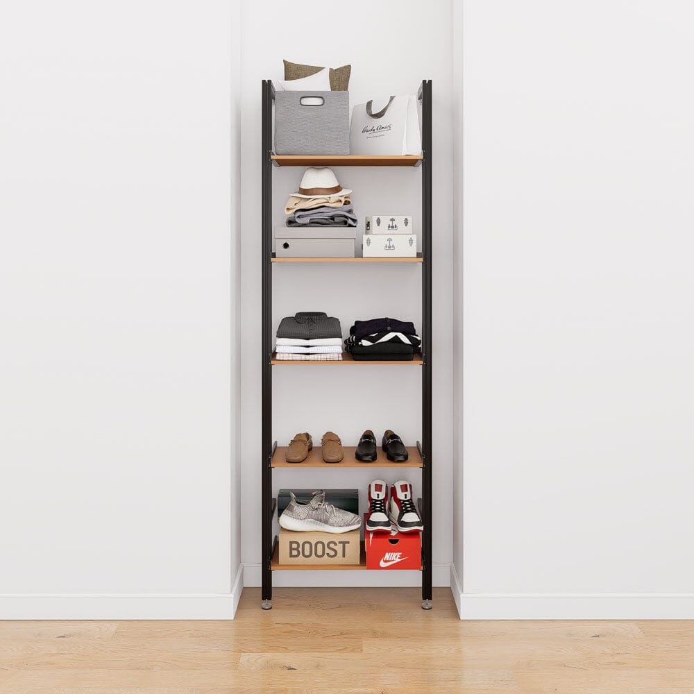 Modular shelving unit with black shelves and black vertical posts, shown with five open shelf levels.