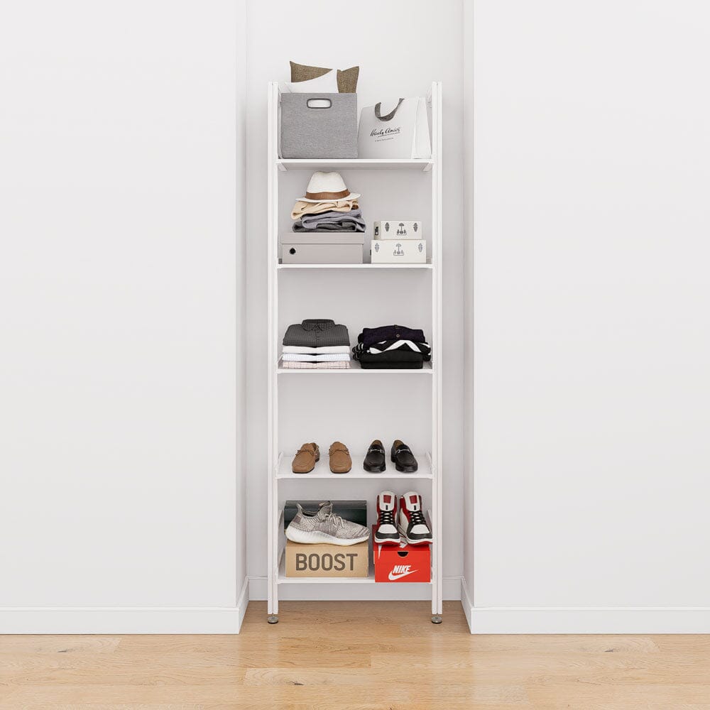 Modular shelving unit with wood shelves and black vertical posts, shown with five open shelf levels.