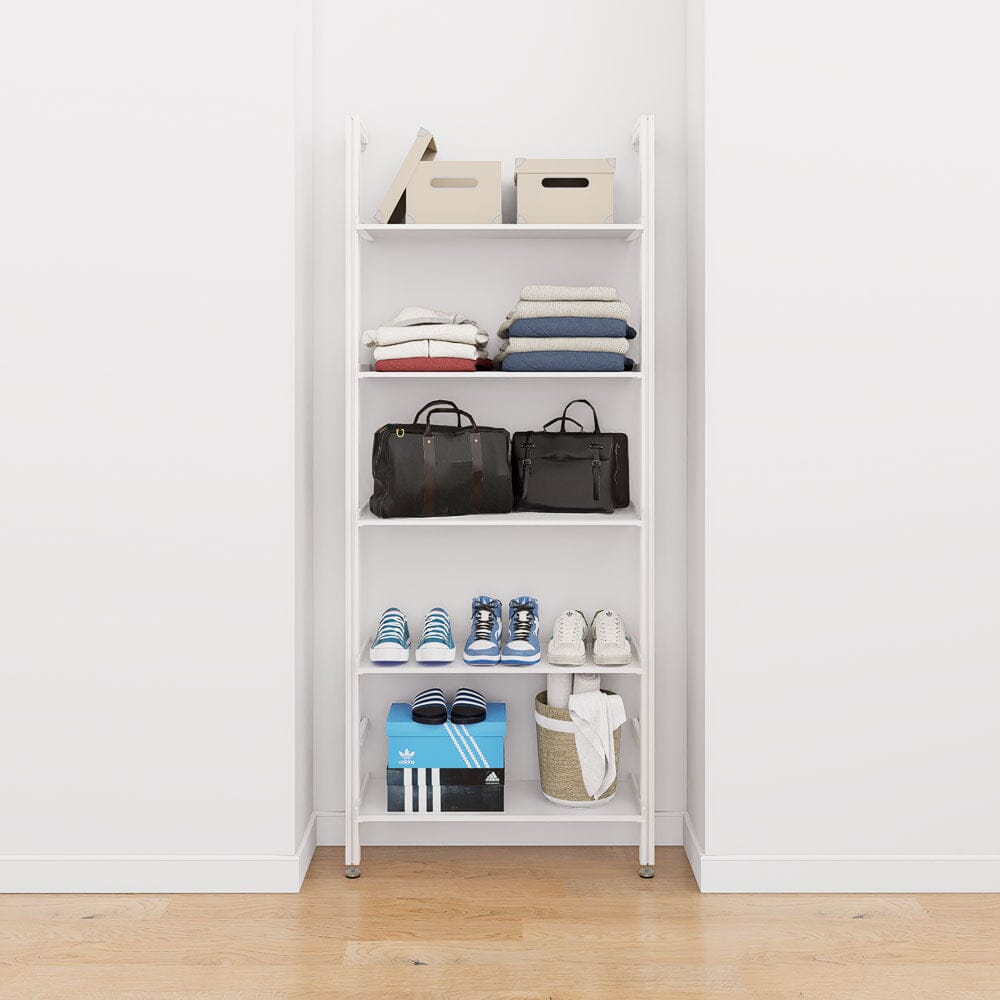 Modular shelving unit with wood shelves and black vertical posts, shown with five open shelf levels.