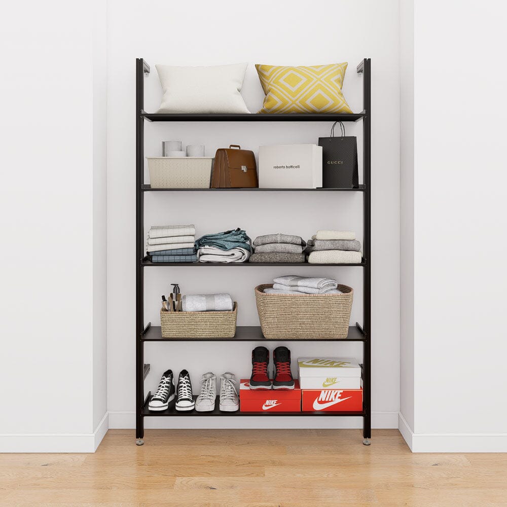 Modular shelving unit with satin shelves and satin vertical posts, shown with five open shelf levels.