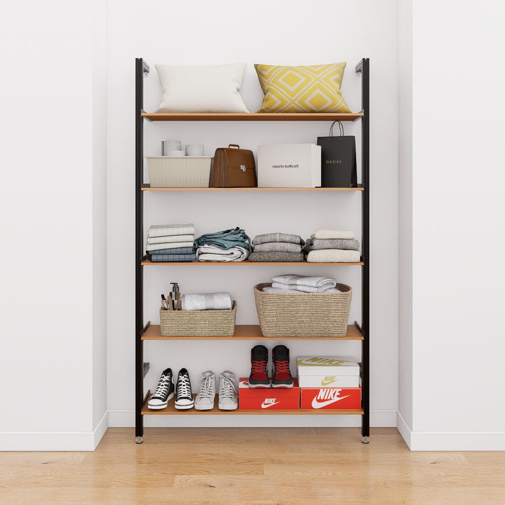 Modular shelving unit with black shelves and black vertical posts, shown with five open shelf levels.