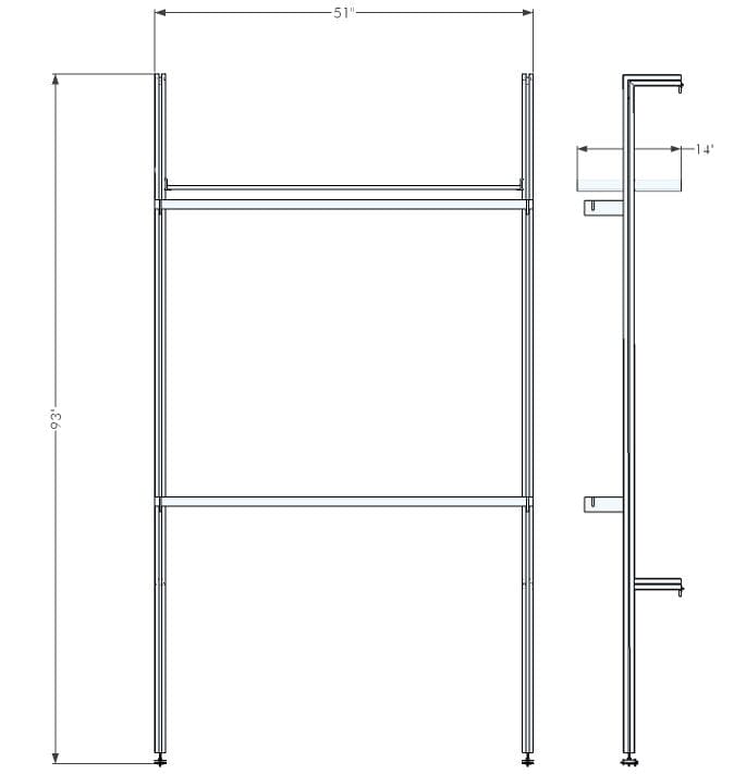 Technical drawing of a closet storage system, showing dimensions and shelf layout.