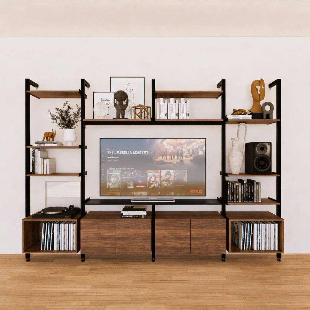 Harmony four-bay media unit with white shelves and satin vertical posts, four bays, styled as an entertainment storage unit.