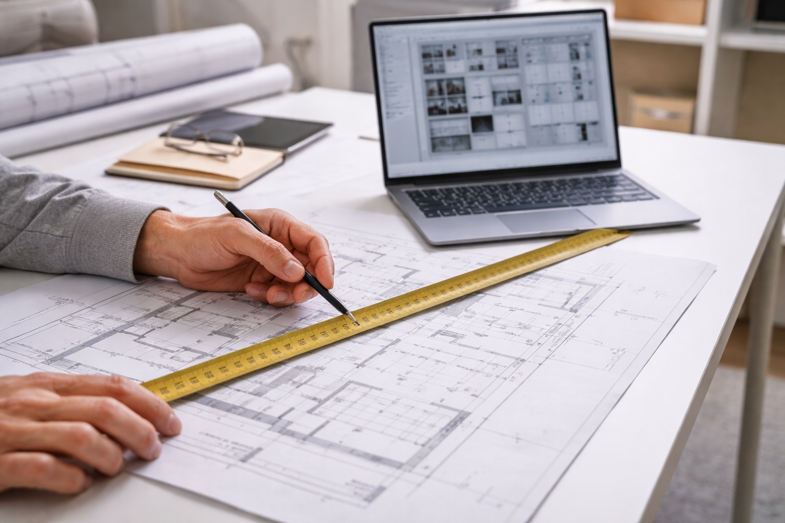 Person working on architectural plans with a laptop and ruler