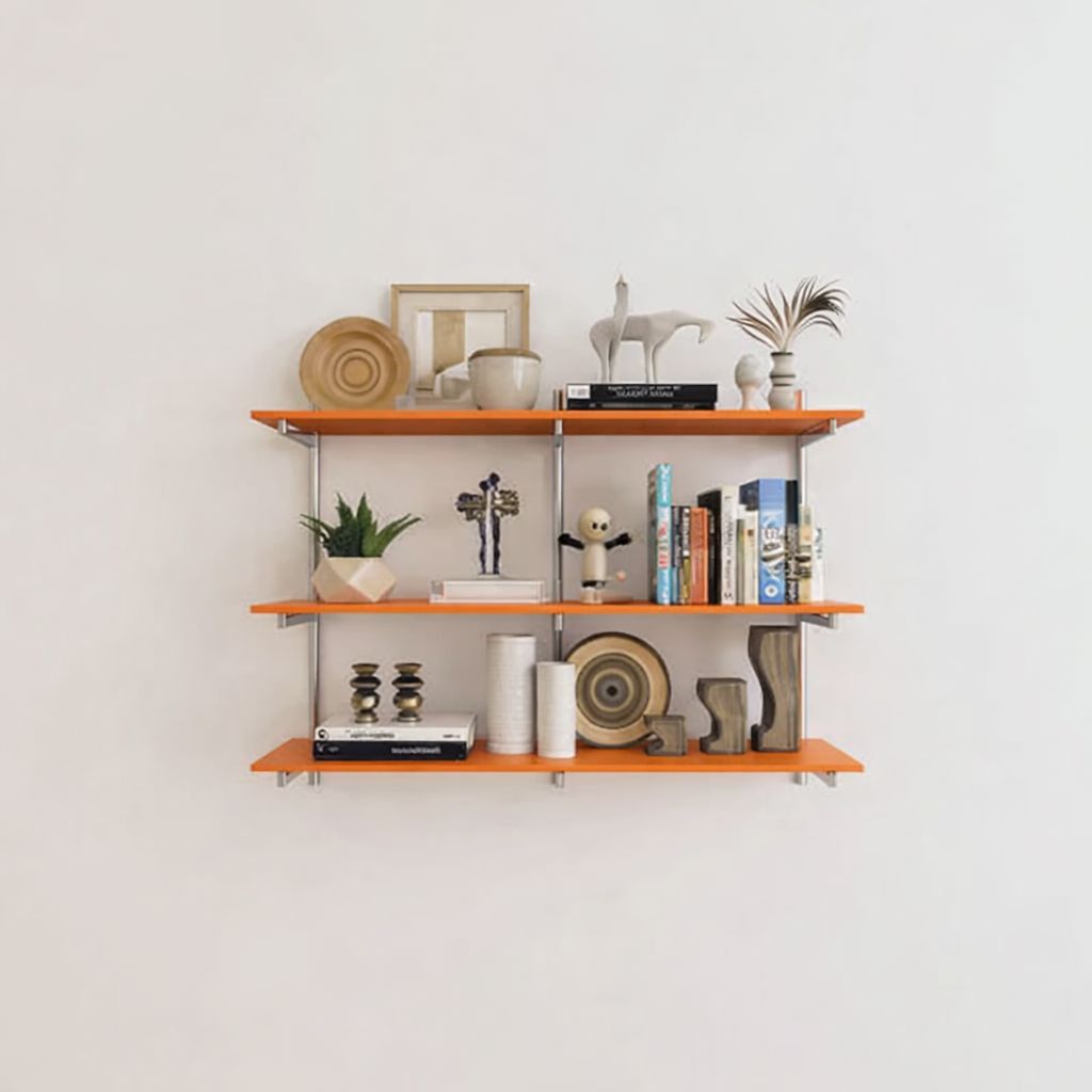 Modular shelving unit with one bay, shown with three open shelf levels styled in a room setting.