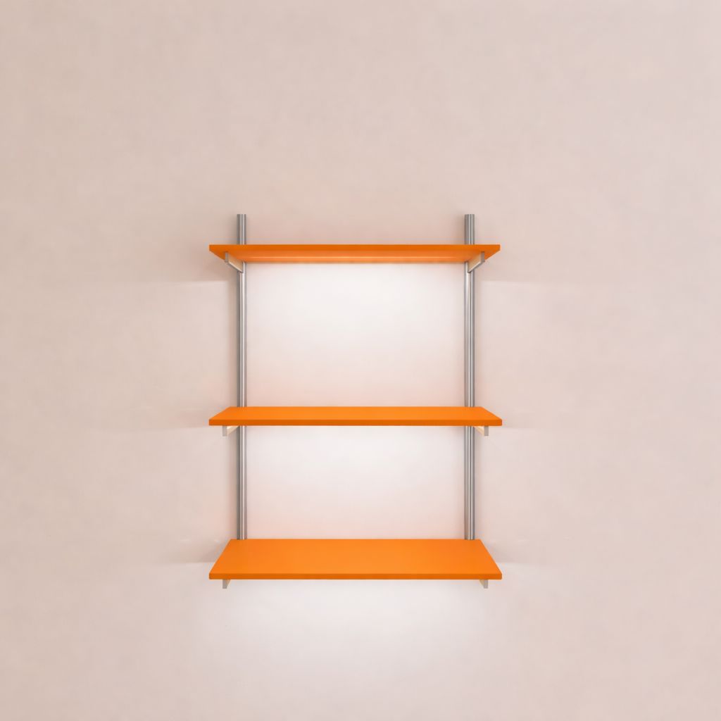Modular shelving unit with one bay, shown with three open shelf levels styled in a room setting.