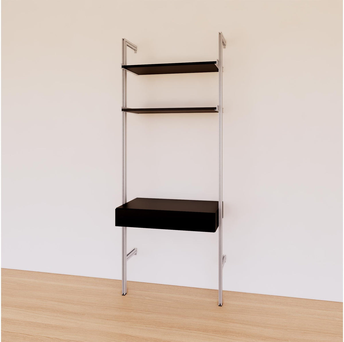 Desk shelving unit with black shelves and satin vertical posts, shown with desk surface and open shelf levels.