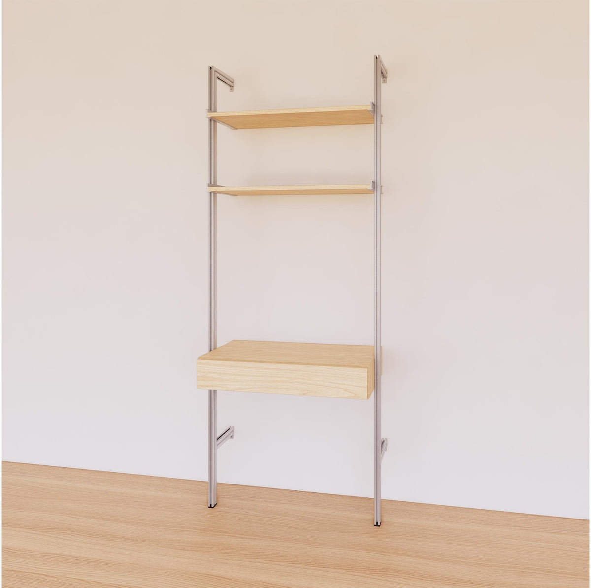 Desk shelving unit with Casting Light shelves and satin vertical posts, shown with desk surface and open shelf levels.